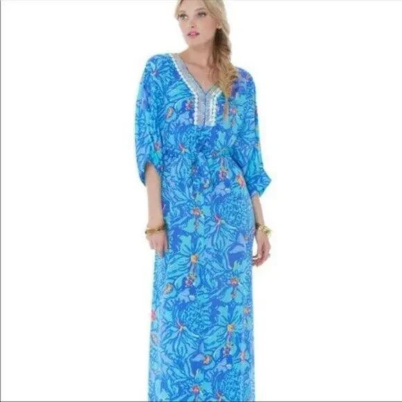 NWT Rare Lilly Pulitzer Wilda Maxi Caftan Iris Blue Mai Tai Size XS Missing Belt - Picture 3 of 11